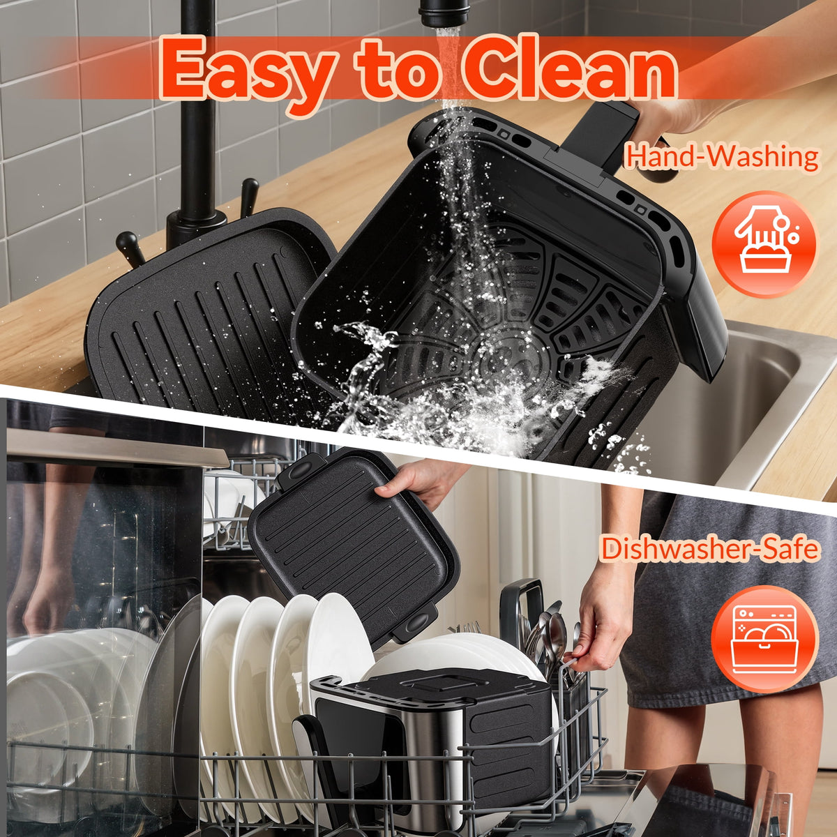 Air Fryer+Grill Plate, 7.5 Quart 8-in-1 Dual Mode Air Fryer with Window, 120-Min Timer, Max 400°F, Auto Shut Off & Nonstick Dishwasher Safe Basket, Touchscreen Controls, Easy Meals, Black