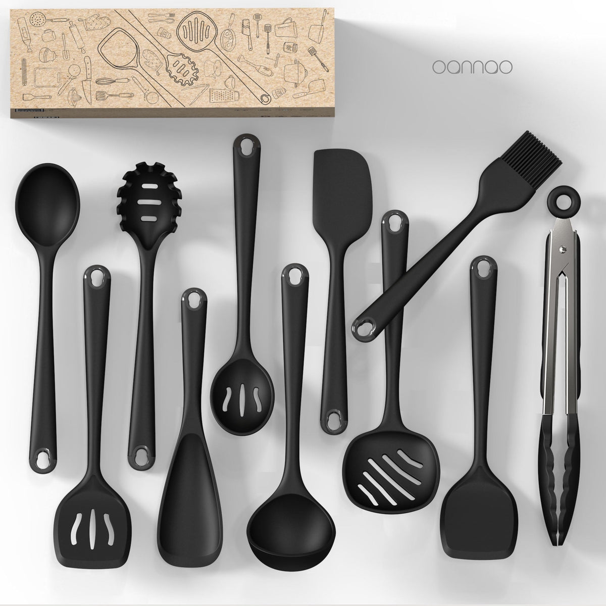 Silicone Kitchen Utensils Set, 600°F Heat Resistant Silicone Cooking Utensils, Spatula, Spoon, Whisk, Tongs, Kitchen Gadgets Tools Sets for Nonstick Cookware, Dishwasher Safe BPA Free (Black)