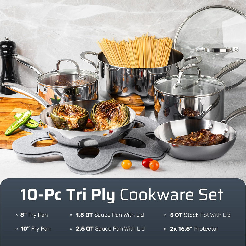 Gotham Steel 10 Pcs Stainless Steel Cookware Set, Pots and Pans Set Non Stick with Induction Cookware, Made Without Forever Chemicals, Metal Utensil Safe, Oven and Dishwasher Safe