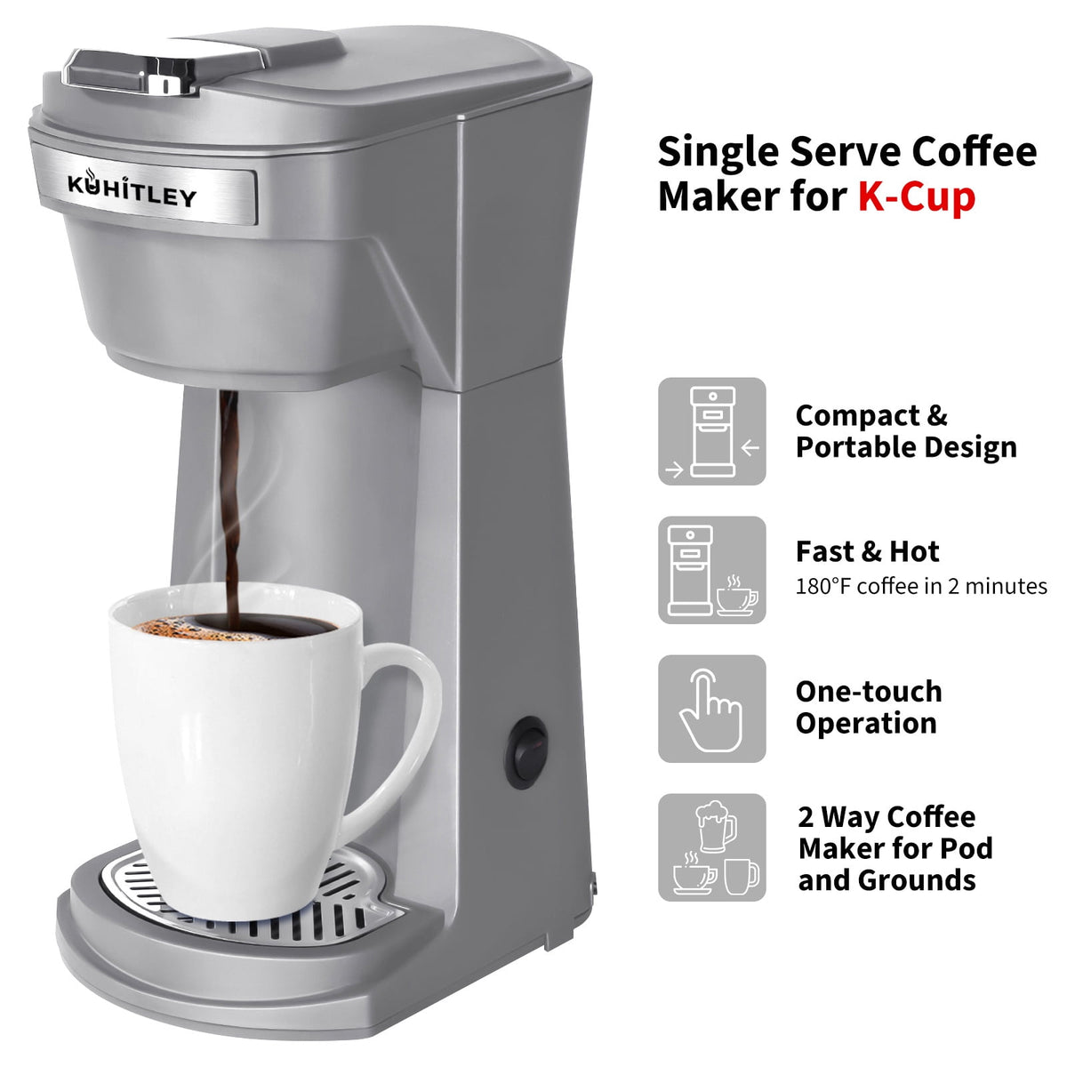 2 in 1 Single Serve Coffee Maker for K Cup Pods & Ground Coffee, Mini K Cup Coffee Machine with 6 to 14 oz Brew Sizes, Single Cup Coffee Brewer with One-Press Fast Brewing, Reusable Filters,Black