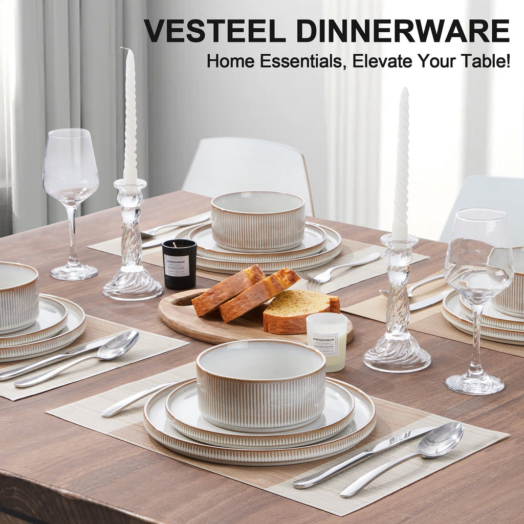 Vesteel 12 Pieces Dinnerware Set for 4, Premium Stoneware Ribbed Dishes, Chip & Scratch Resistant Plates and Bowls Set for Home Restaurant, Microwave and Dishwasher Safe - Speckled White