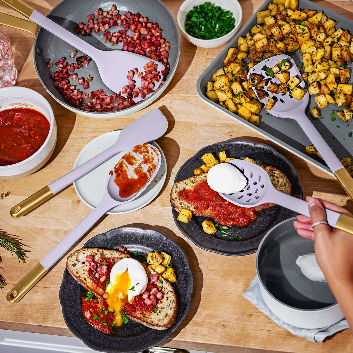 Beautiful 6-Piece Silicone Kitchen Tool Set with Ceramic Crock, Chocolate by Drew Barrymore