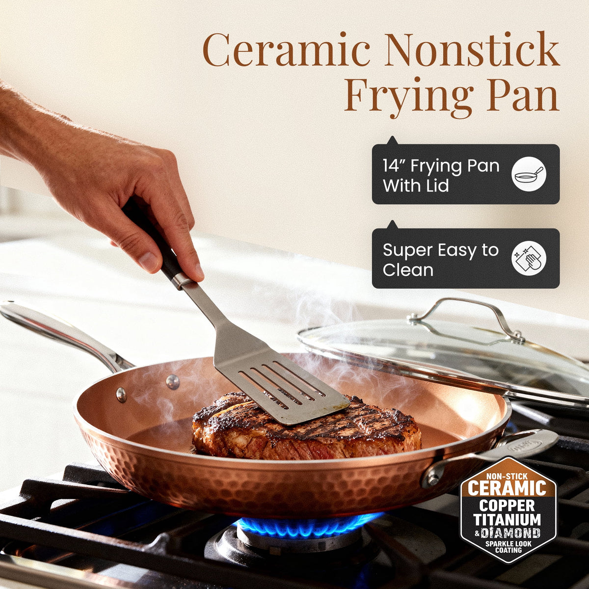 Gotham Steel 14 Inch Non Stick Frying Pans with Lid, Large Frying Pans Nonstick with Lid, Non Toxic Ceramic Pan Skillet, Nonstick Frying Pan, Induction Pan, Oven/Dishwasher Safe – Copper Hammered
