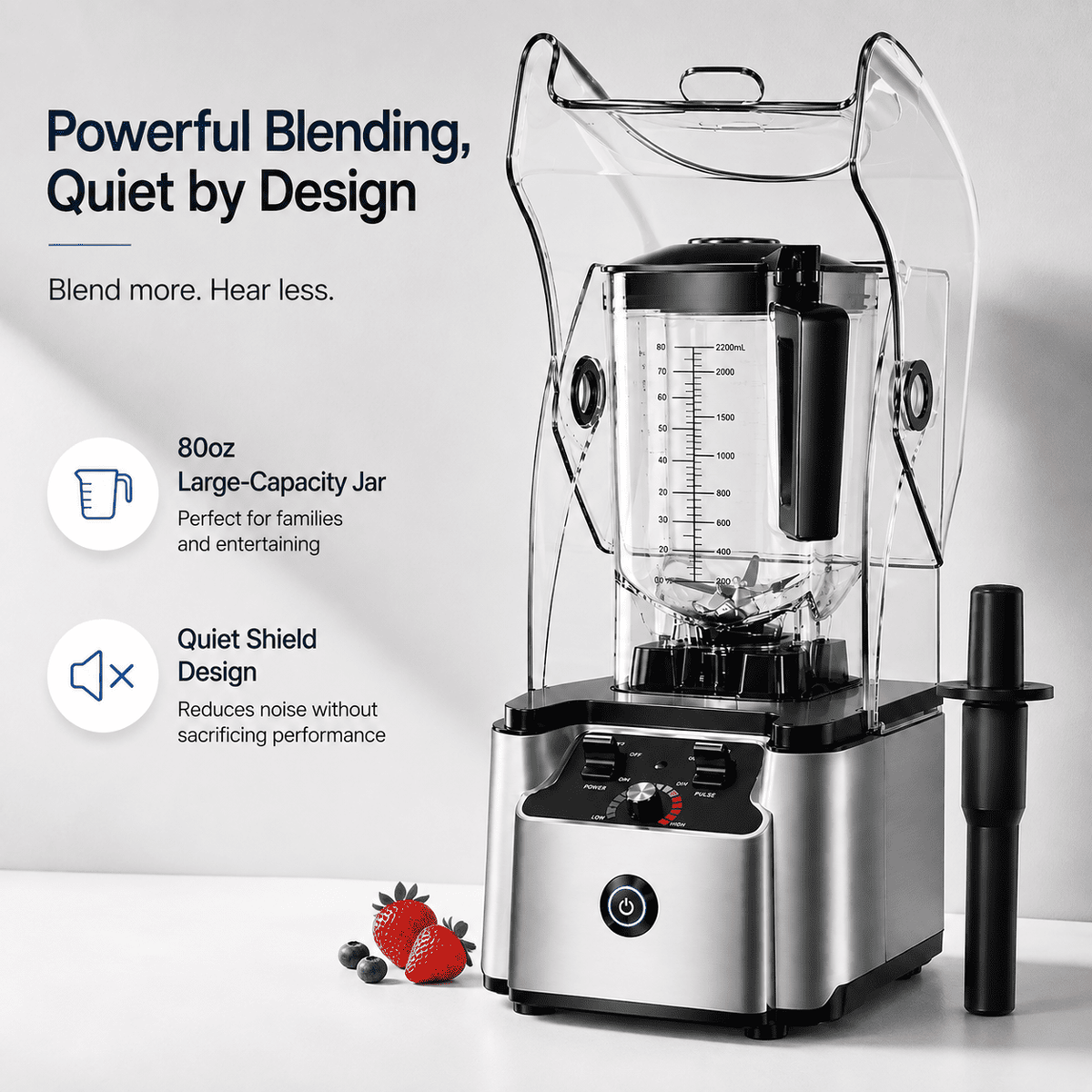 WantJoin Blender-Commercial Blender with Soundproof Shield, Enclosure 2200W ,Quiet Professional-Grade Power,Self-Cleaning,Gray
