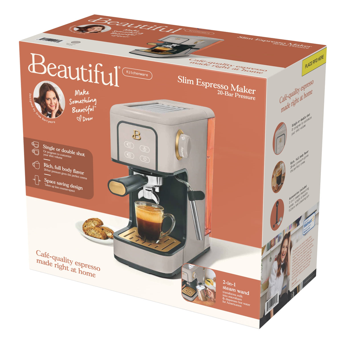 Beautiful by Drew Barrymore Slim Espresso Machine, 20-Bar Pressure, Black Sesame