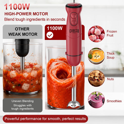 CUOCCO PRO Immersion Blender Handheld, 1100W Hand Blender with 21 Speeds & Turbo, Hand Mixer for Smoothies, Soups & Baby Food, Dishwasher Safe, Red
