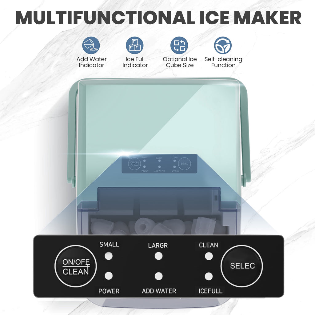 CONCETTA Portable Ice Maker Machine, 26.5 lb/Day Ice, Two Ice Sizes, Self-Cleaning Function, Bullet Ice Maker with Ice Scoop & Basket, Green