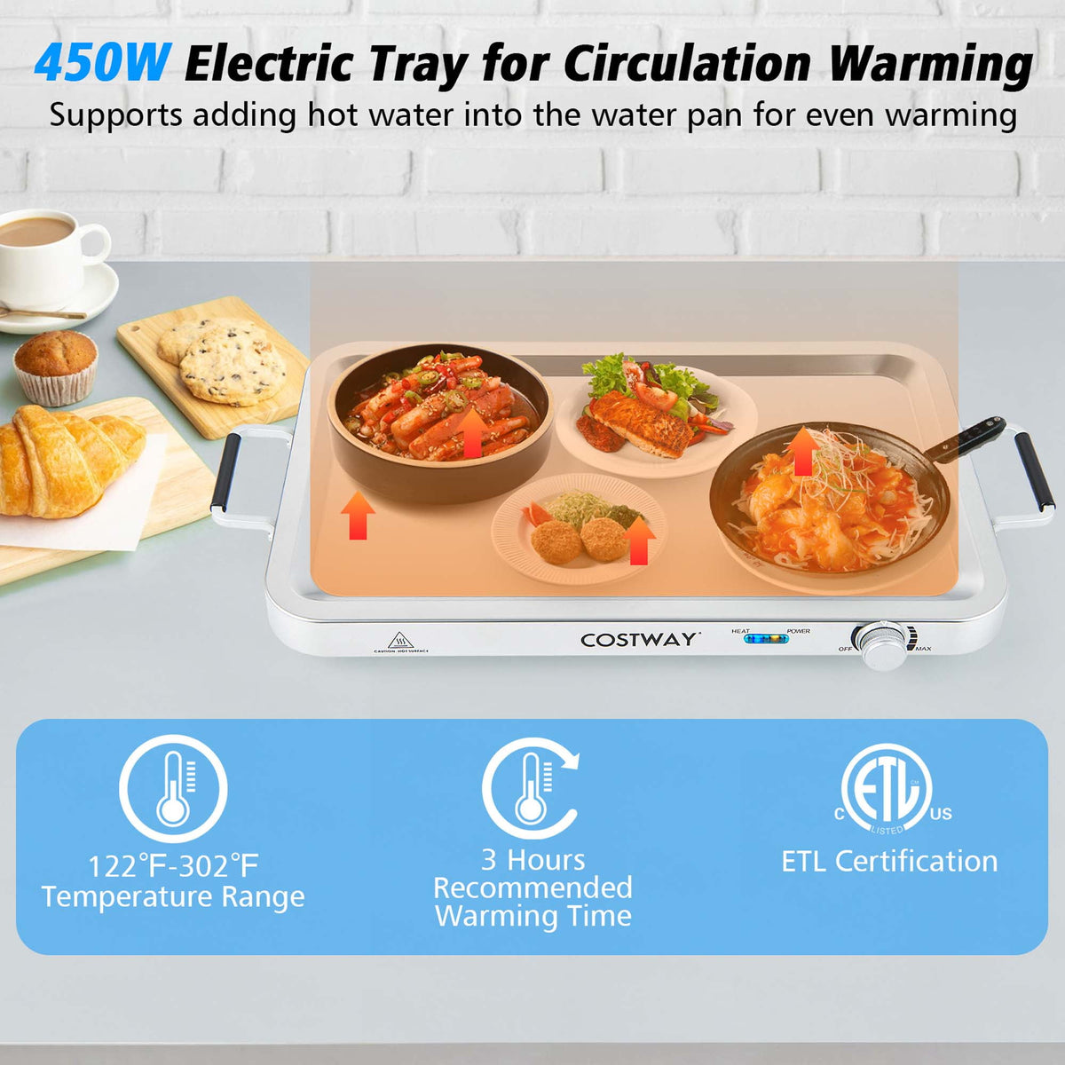 Costway Electric Buffet Server Food Warmer with 3 Removable Trays Adjustable Tempered