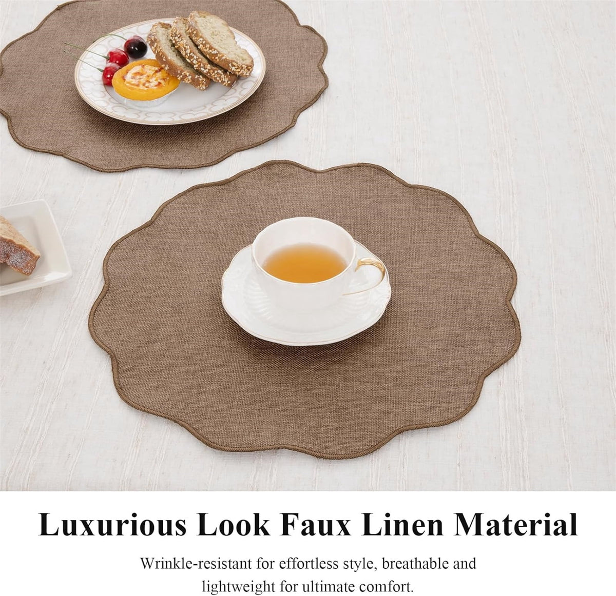 Ileading Scalloped Round Placemats Set of 6 Polyester Linen Blend Washable Non Slip Place Mats Easy Clean Heat Resistant Table Mats for Kitchen Dining Table Decor