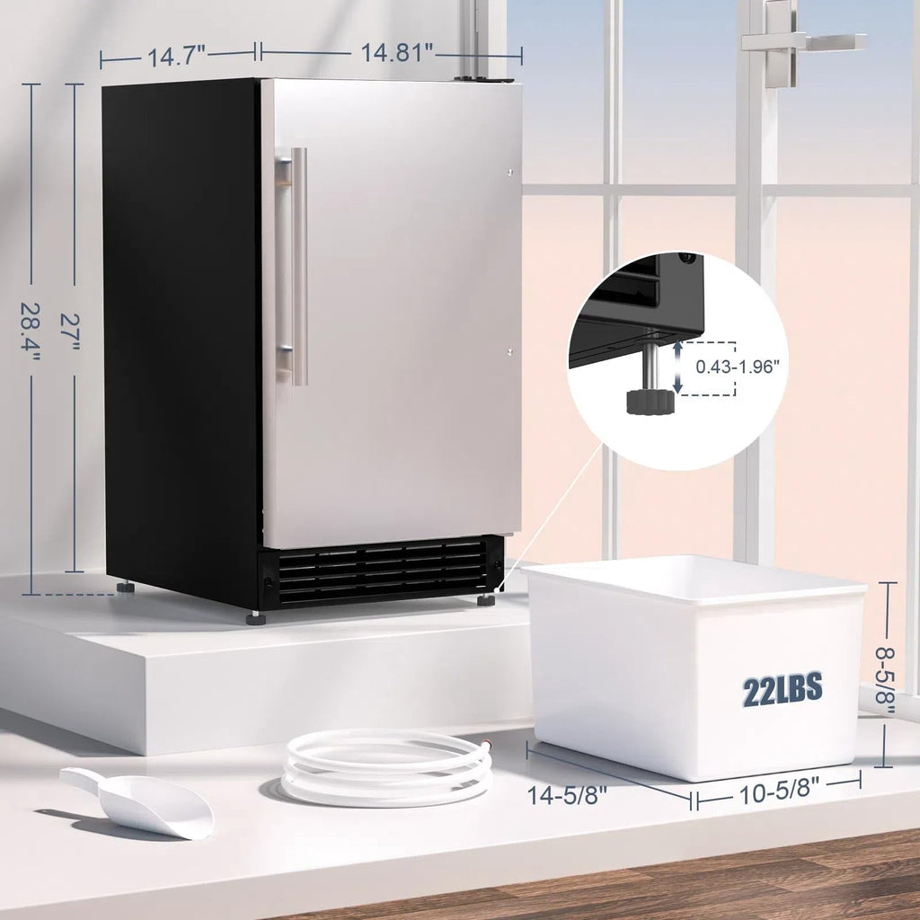 RIOXC 25 lbs/24H Crescent Ice Maker 15" Under Counter Machine with 22LBS Storage Bin No Drain Required for Home and Commercial Use, ETL
