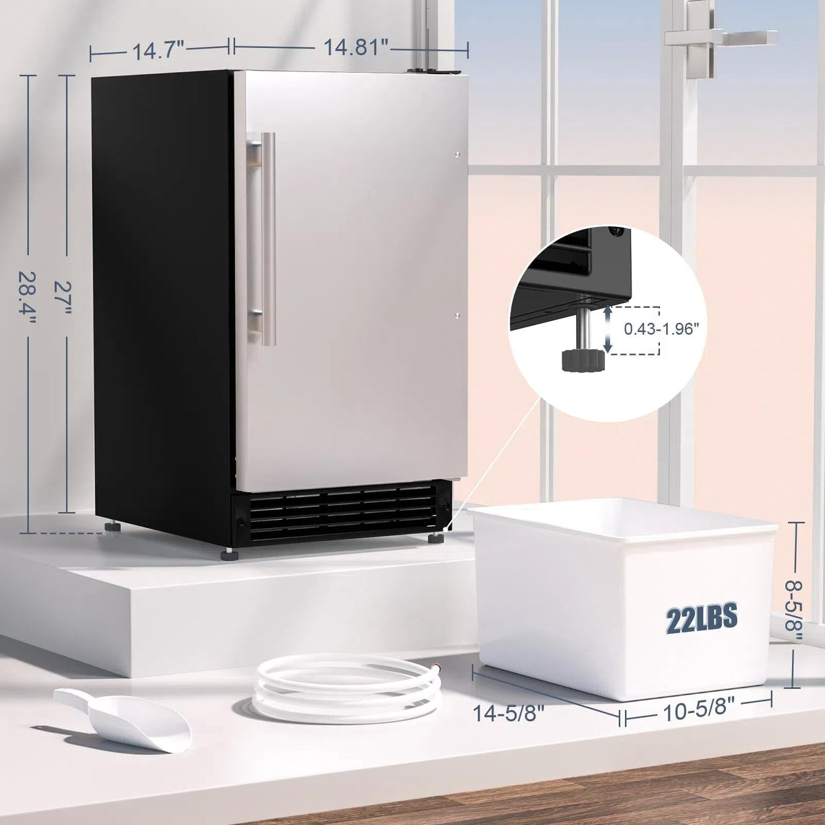 RIOXC 25 lbs/24H Crescent Ice Maker 15" Under Counter Machine with 22LBS Storage Bin No Drain Required for Home and Commercial Use, ETL