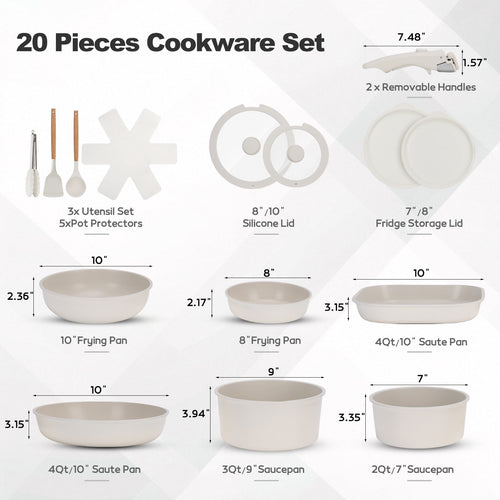 20 Piece Ceramic Pots and Pans Set Non Stick, Cookware Set with Detachable Handles, Oven Safe, Induction Ready, Stackable RV Kitchen Cooking Set, Cream White