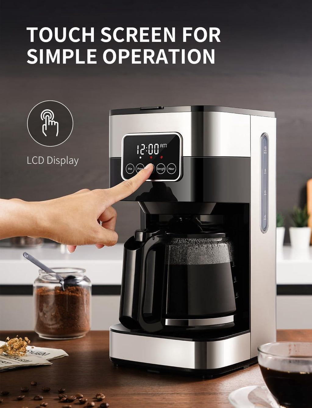 8-Cup Programmable Coffee Maker with Thermal Carafe, Touch Screen Timer, Auto Shut off & Pause-Serve Feature, Strong Brew Option, Stainless Steel & Black