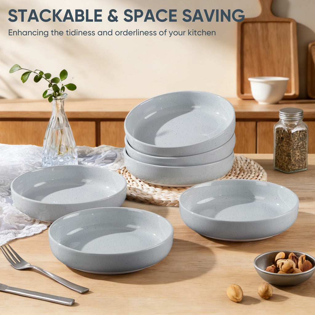 Vesteel Pasta Bowls Set of 6, 32oz Large Salad Bowl for Home Kitchen, Ceramic Serving Plates for Soup, Cereal, Fruits, Microwave & Dishwasher Safe, Speckled White