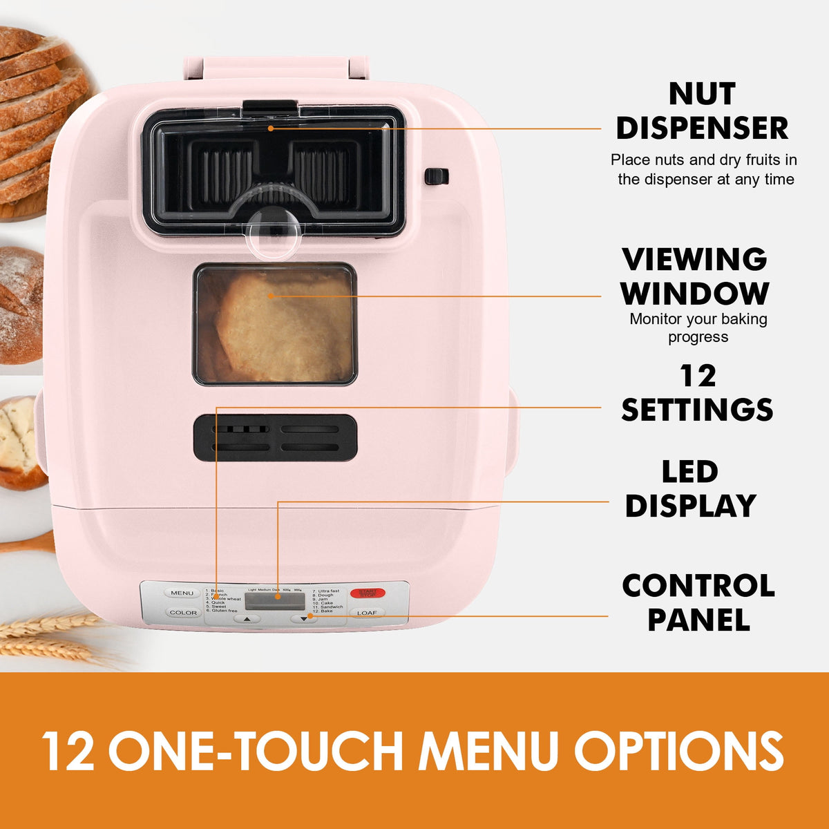 Kitchen in the Box 2lb Bread Maker with Auto Fruit Nut Dispenser, 12-in-1 Gluten-Free Bread Machine, 13H Delay Timer, Nonstick Pan, Keep Warm, White