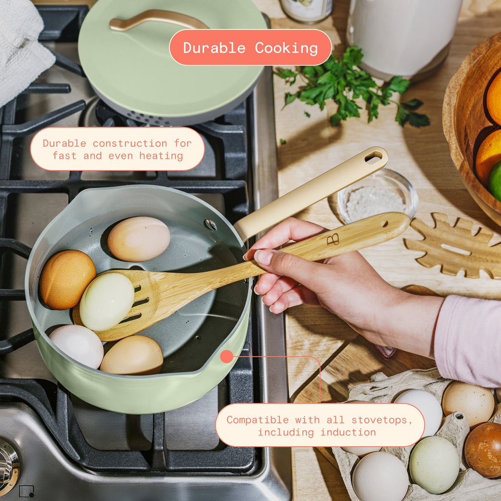 Beautiful 12-Piece Cookware Set, Pots and Pans with Strainer Lids and EverGood Ceramic Nonstick Coating, White Icing by Drew Barrymore