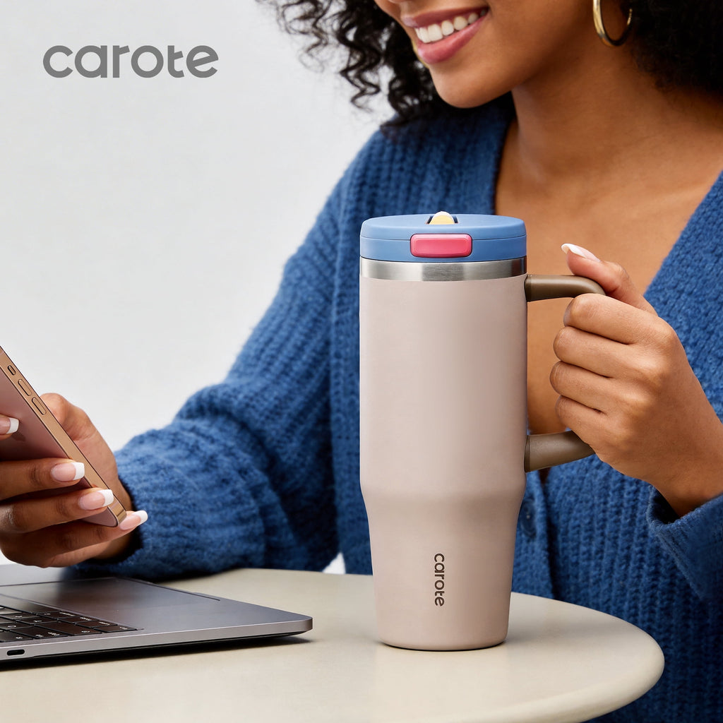 Carote Insulated Stainless Steel Tumbler with Handle and Lid, Leakproof Double Wall Vacuum Travel Mug, Reusable Cup for Hot & Cold Drinks, Pink, 32oz