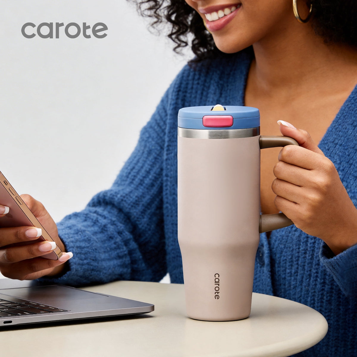 Carote Insulated Stainless Steel Tumbler with Handle and Lid, Leakproof Double Wall Vacuum Travel Mug, Reusable Cup for Hot & Cold Drinks, Pink, 32oz