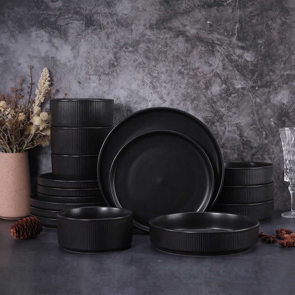 Vesteel 12 Pieces Dinnerware Set for 4, Premium Stoneware Ribbed Dishes, Chip & Scratch Resistant Plates and Bowls Set for Home Restaurant, Microwave and Dishwasher Safe - Speckled White