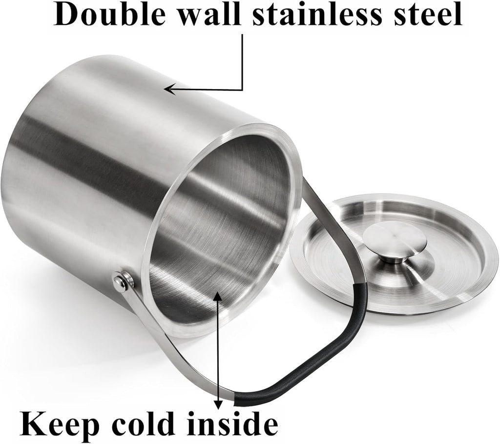 304 Stainless Steel Ice Bucket, 3L, Double Wall Insulated, with Lid, Carrying Handle and Ice Scoop, for Bar, Party, Outdoor