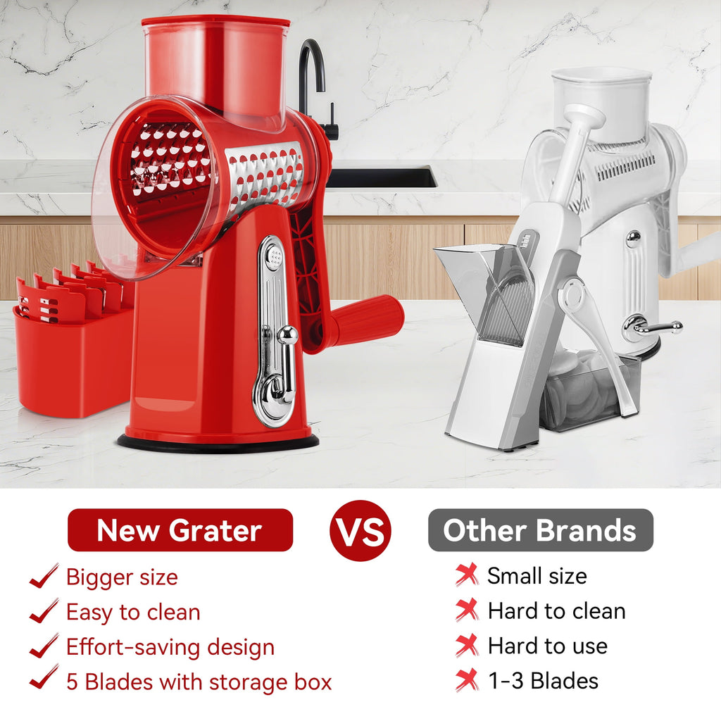 Pukomc Rotary Cheese Grater with Handle- 5 Blades, Suction Base, Mandoline Slicer & Veg Shredder with Blade Storage Box(Green)