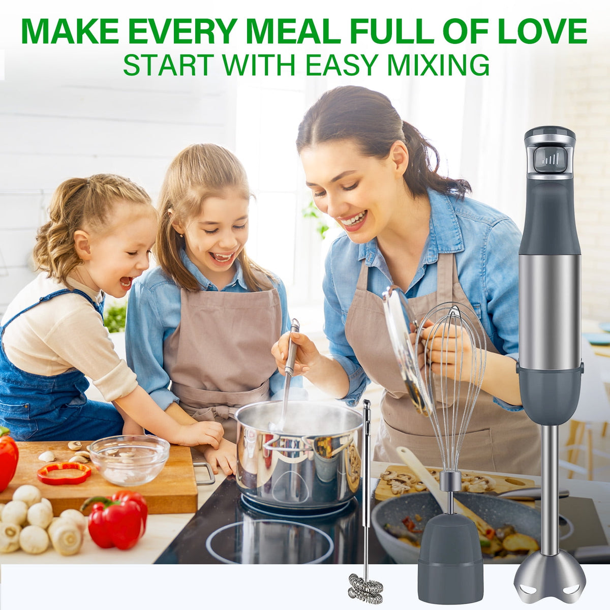 Immersion Blender Handheld 1100W 3 in 1 Corded Stick Hand Blenders for Kitchen with Trigger Speed Control, with Whisk, Milk Frother Attachemnts, Perfect Emulsifier for Soup, Smoothie, Puree