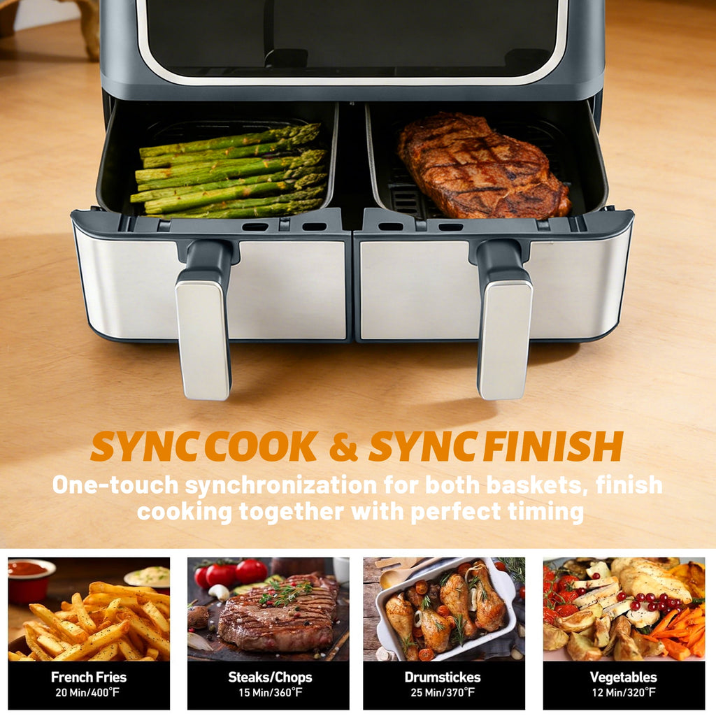 EDX 9QT Dual Basket Stainless Steel Air Fryer with Digital Sync & Match Cook, 1700W, 10 Presets, 2 Independent Cooking Zones, Shake Reminder, Black