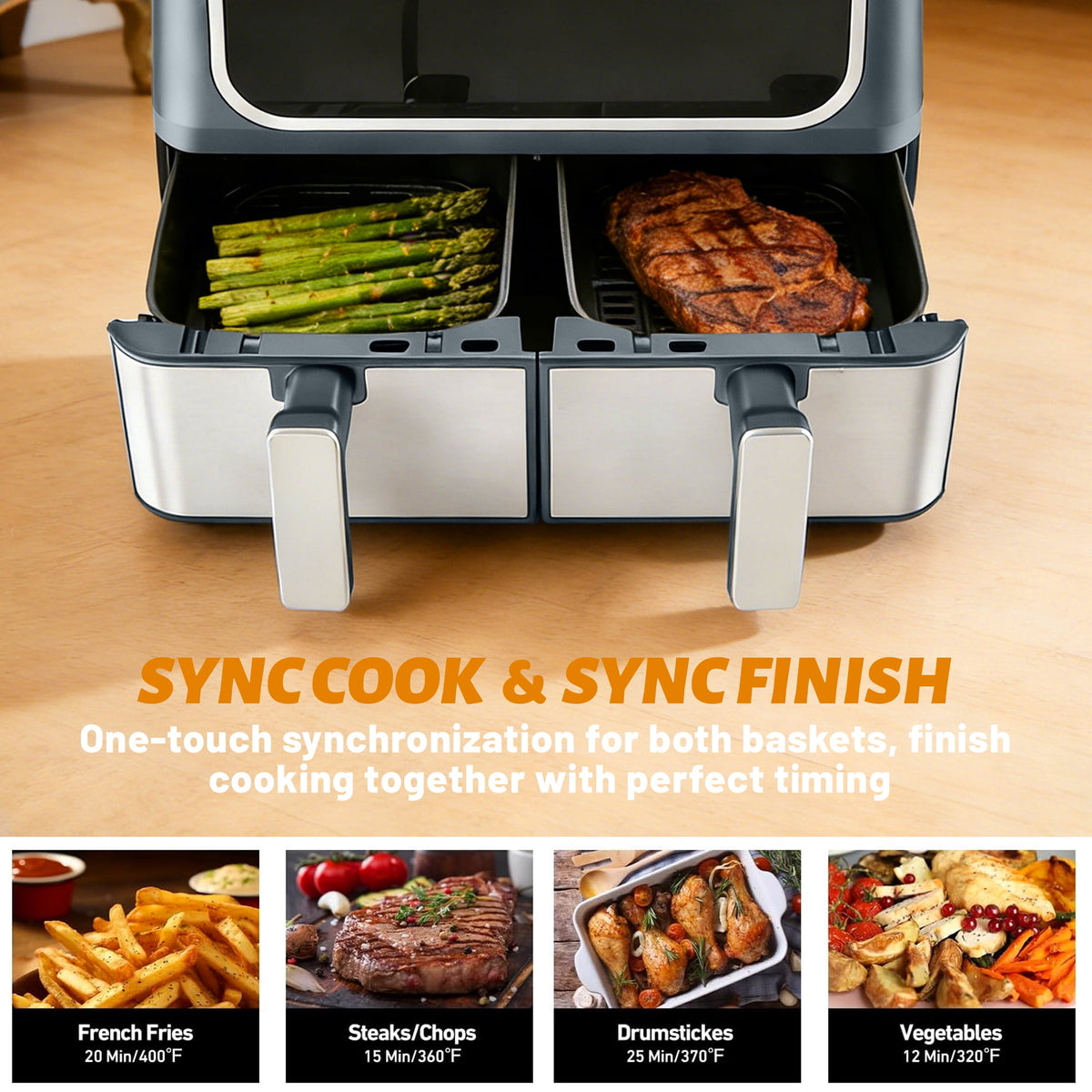 EDX 9QT Dual Basket Stainless Steel Air Fryer with Digital Sync & Match Cook, 1700W, 10 Presets, 2 Independent Cooking Zones, Shake Reminder, Black