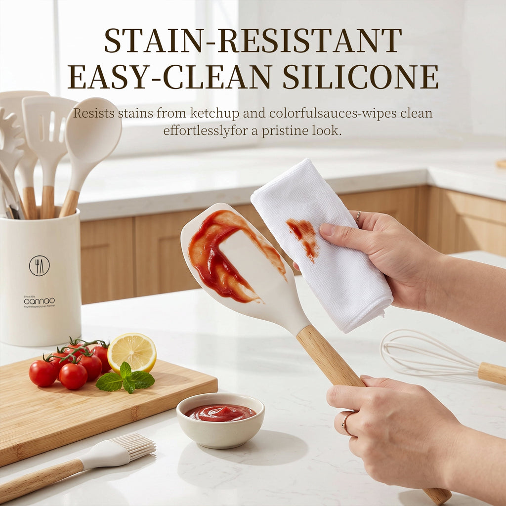 Silicone Cooking Utensils Set - Silicone Kitchen Utensils for Cooking Wooden Handles, 446°F Heat Resistant Kitchen Utensil Spatula Sets w Holder, Gadgets for Non-Stick Cookware BPA FREE (Black)