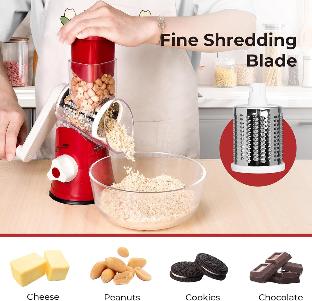 Premium Rotary Cheese Grater, Manual Cheese Grater for Kitchen, Handheld Vegetables Slicer Cheese Shredder with Rubber Suction Base, 3 Stainless Drum Blades Included,Blue