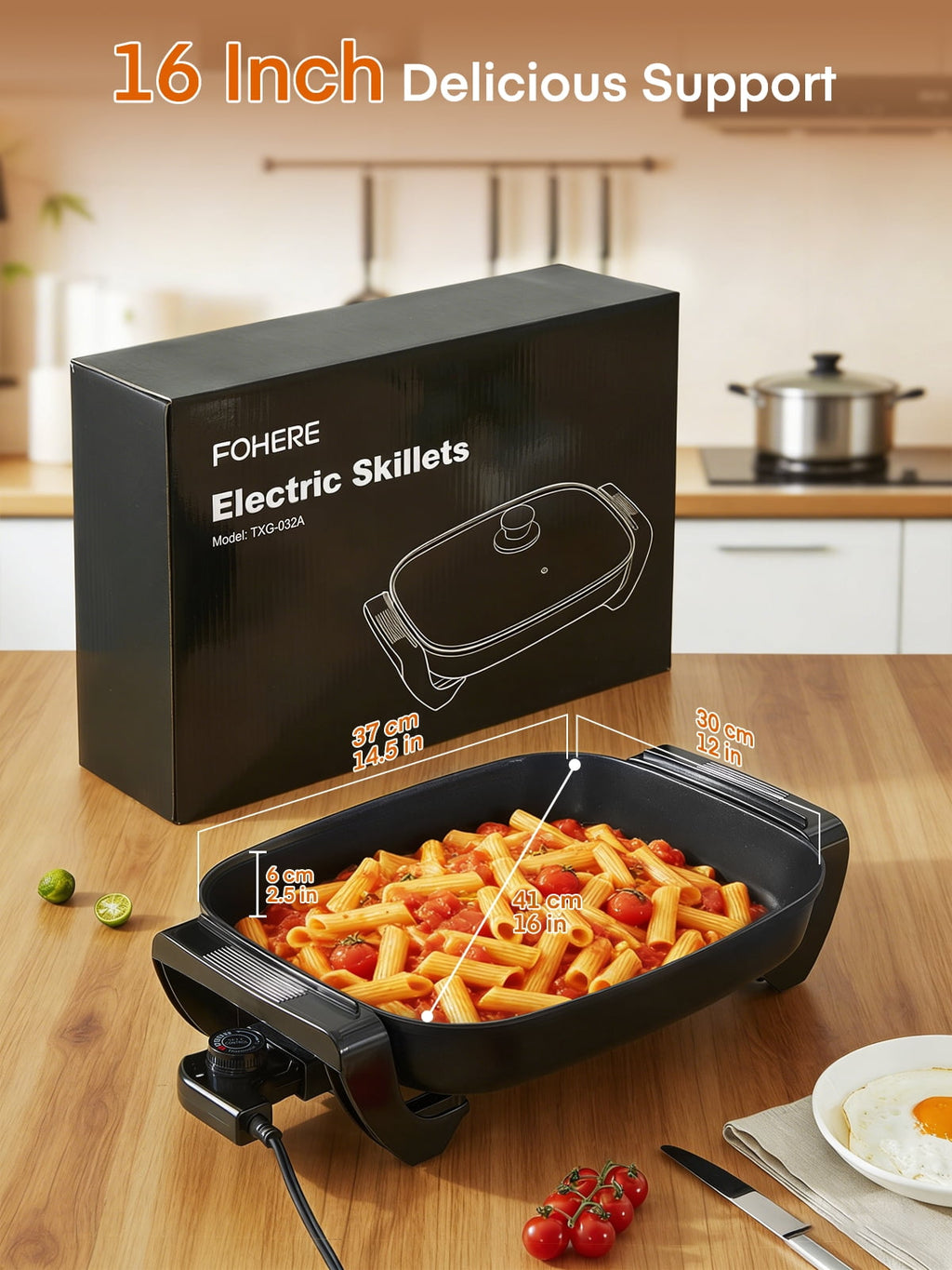 Electric Skillet, 12 inch Deep Non Stick Electric Skillet with Glass Cover, FOHERE Skillet for kicthen, 1360W, Black