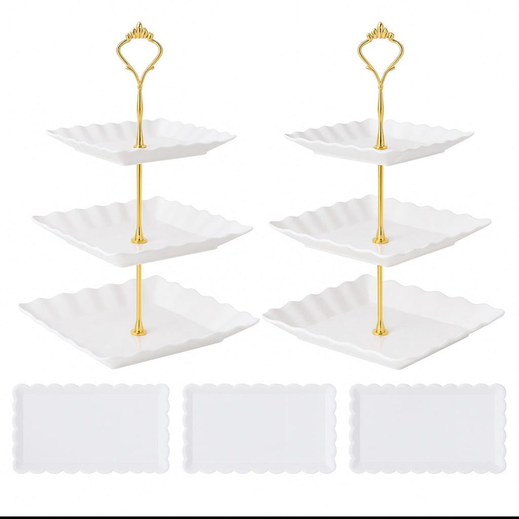 TINANA 5 Pack Dessert Table Display Set, 3-Tier Cupcake Stands & 3 Rectangular Serving Trays, White Plastic Cupcake Tower for Birthday, Baby Shower & Wedding