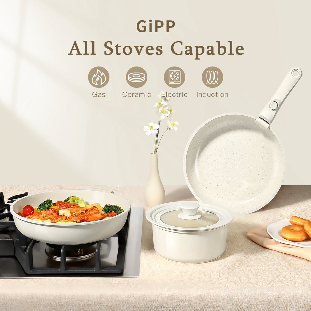 Gipp 11pcs Ceramic Cookware Sets, Pots and Pans Set Non Stick with Removable Handle, Oven & Dishwasher Safe,Induction Cookware