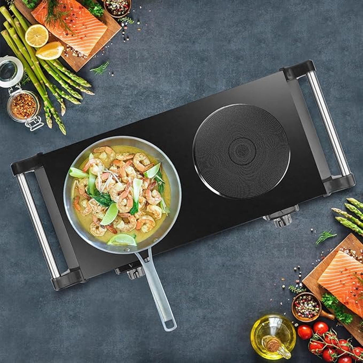 2000W Double Countertop Burner, Portable Electric Hot Plate and Stove with 5 Temperature Controls, Lightweight Burner Cooktop for Kitchen, Dorms, Apartments, RV, Black