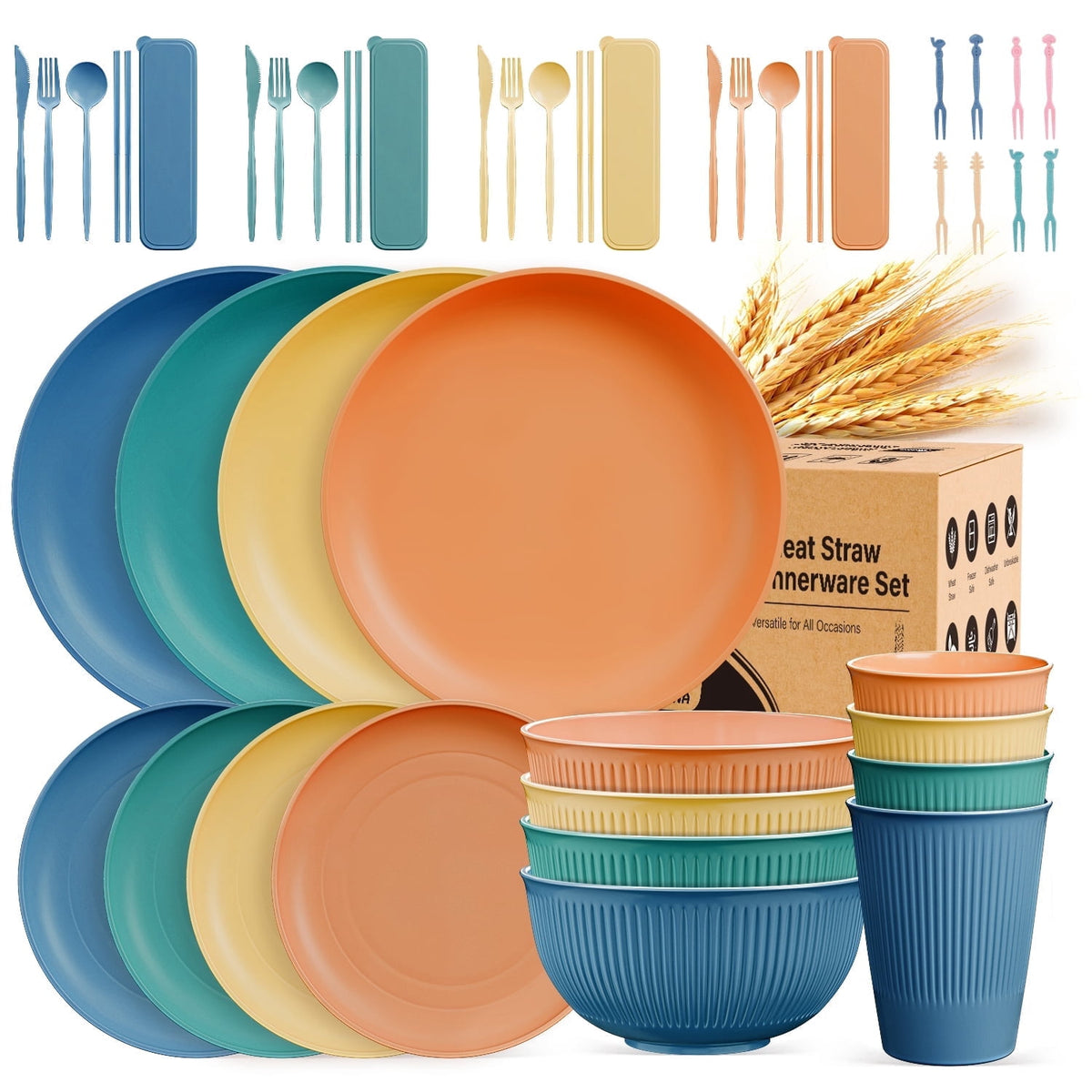 TINANA Wheat Straw Dinnerware Set, Service for 4, 48 PCS Unbreakable Plastic Plates and Bowls Sets, Dishwasher Microwave Safe, Black