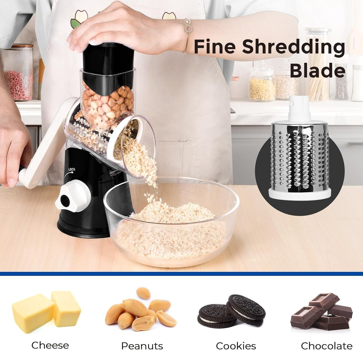 Premium Rotary Cheese Grater, Manual Cheese Grater for Kitchen, Handheld Vegetables Slicer Cheese Shredder with Rubber Suction Base, 3 Stainless Drum Blades Included,Blue