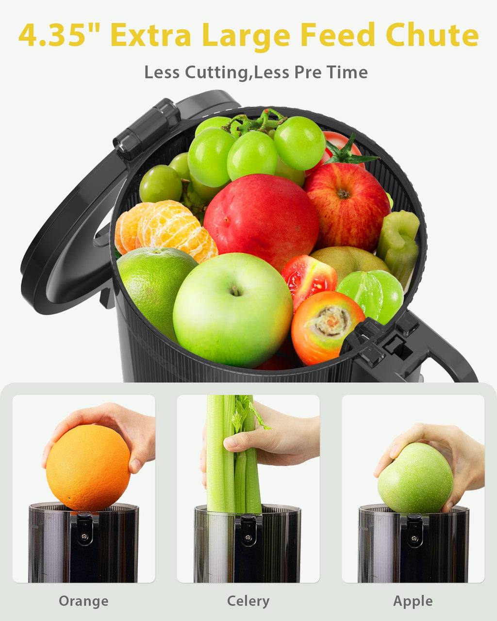 Juicer Machine with 4.35" Wide Mouth, Aeitto Cold Press Juicer Machine for Fruits and Vegetables, Slow Masticating Juicer Whole Fruit Juice Maker, High Juice Yield, Easy to Clean with Brush, Coal