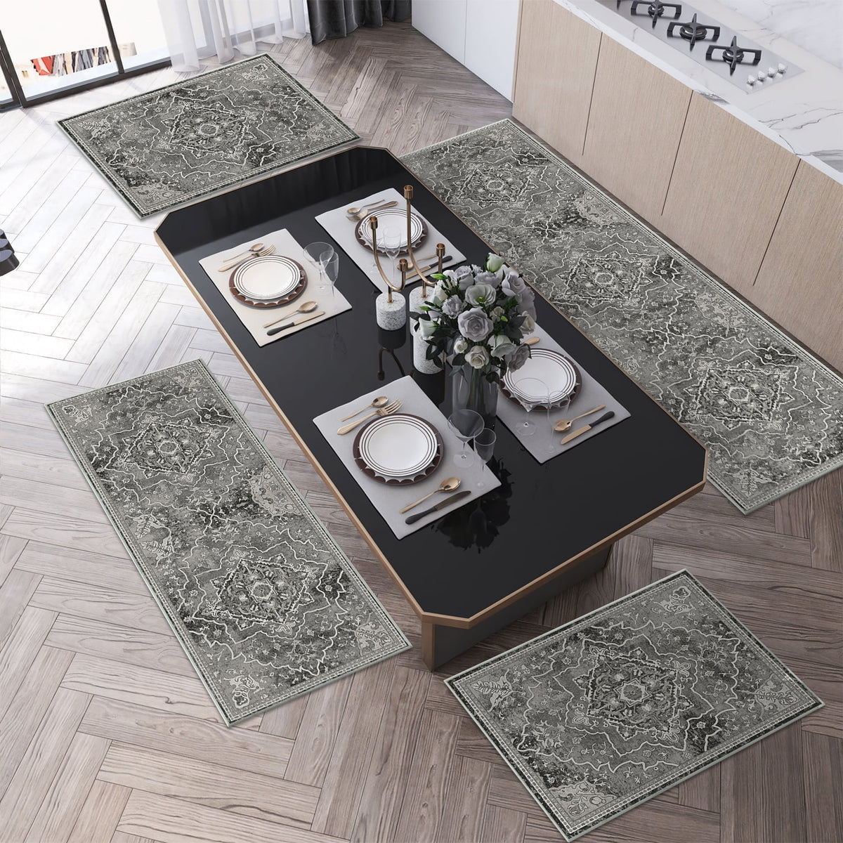 TECHVIDA Kitchen Rug Set 3 Piece,Non Slip Machine Washable Kitchen Mats, Farmhouse Hallway Doormat for Home Floor and Living Room,Gray