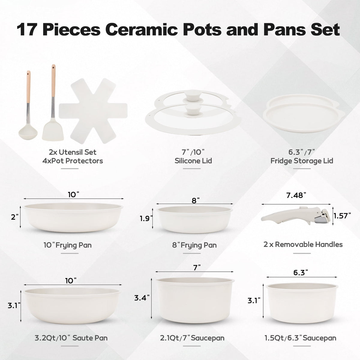 17 Piece Ceramic Pots and Pans Set Non Stick, Cookware Set with Detachable Handle, Oven Safe, Induction Ready, Stackable RV Kitchen Cooking Set Removable Handles, Cream White