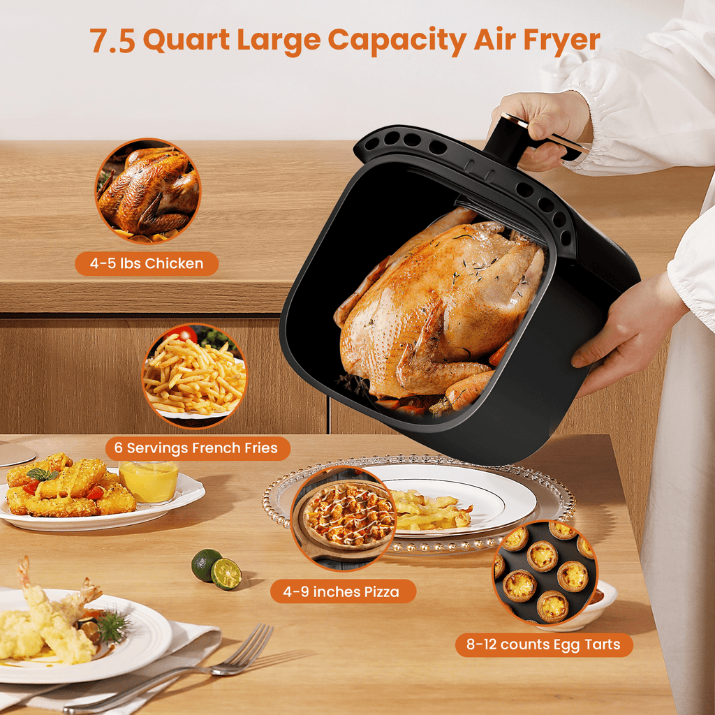 Bluebow Air Fryer Large 7.5QT, 8-in-1 Digital Touchscreen, Visible Cooking Window, 1700W, Cream White