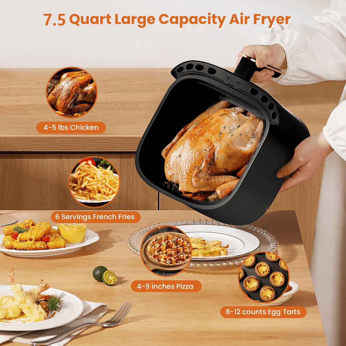 Bluebow Air Fryer Large 7.5QT, 8-in-1 Digital Touchscreen, Visible Cooking Window, 1700W, Cream White