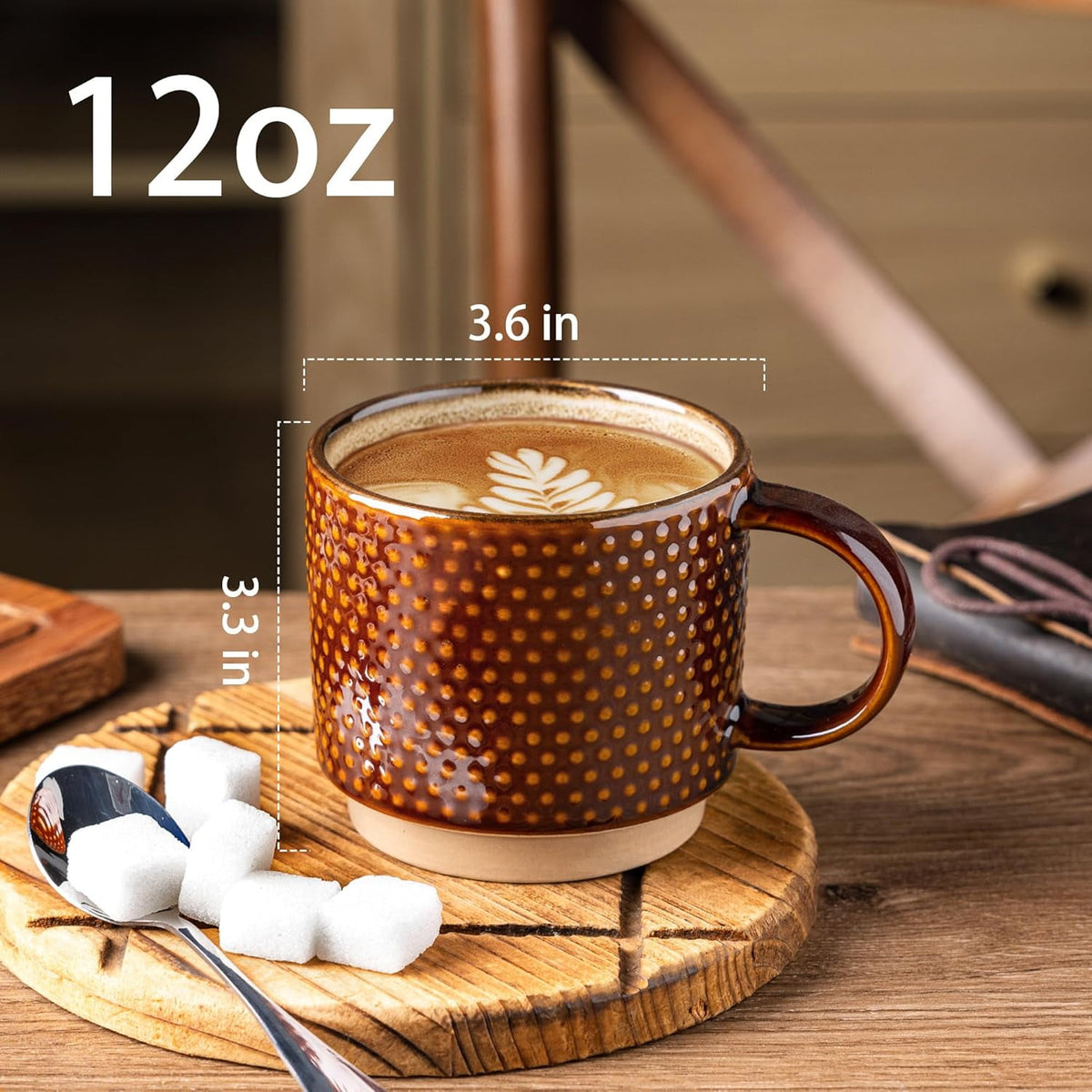 AmorArc 12OZ Stackable Ceramic Coffee Mugs with Texture Patterns, Modern Mug Set of 4 for Latte, Cappuccino and Cocoa, Dishwasher & Microwave Safe, off-white