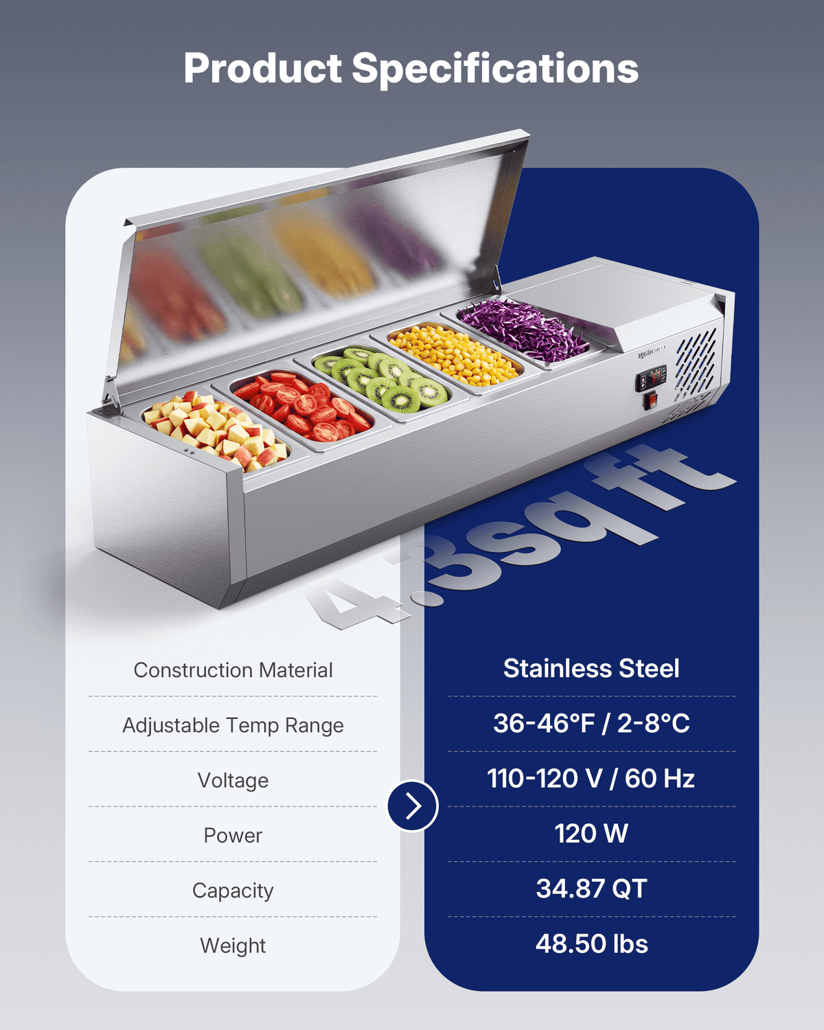 Upstreman Countertop Refrigerated Condiment Prep Station, 47" Sandwich Prep Table Stainless Steel 5 Pans Salad Bar Prep Table with Digital Temp Control, Silver