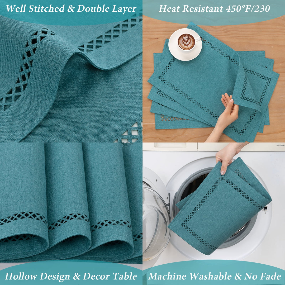 Placemats Set of 4, Yamaziot Double Layer Cloth Fabric Heat Resistant Place Mat, Washable Reversible Rectangle Dining Table Mats, Hollow Khaki, 12"x18"