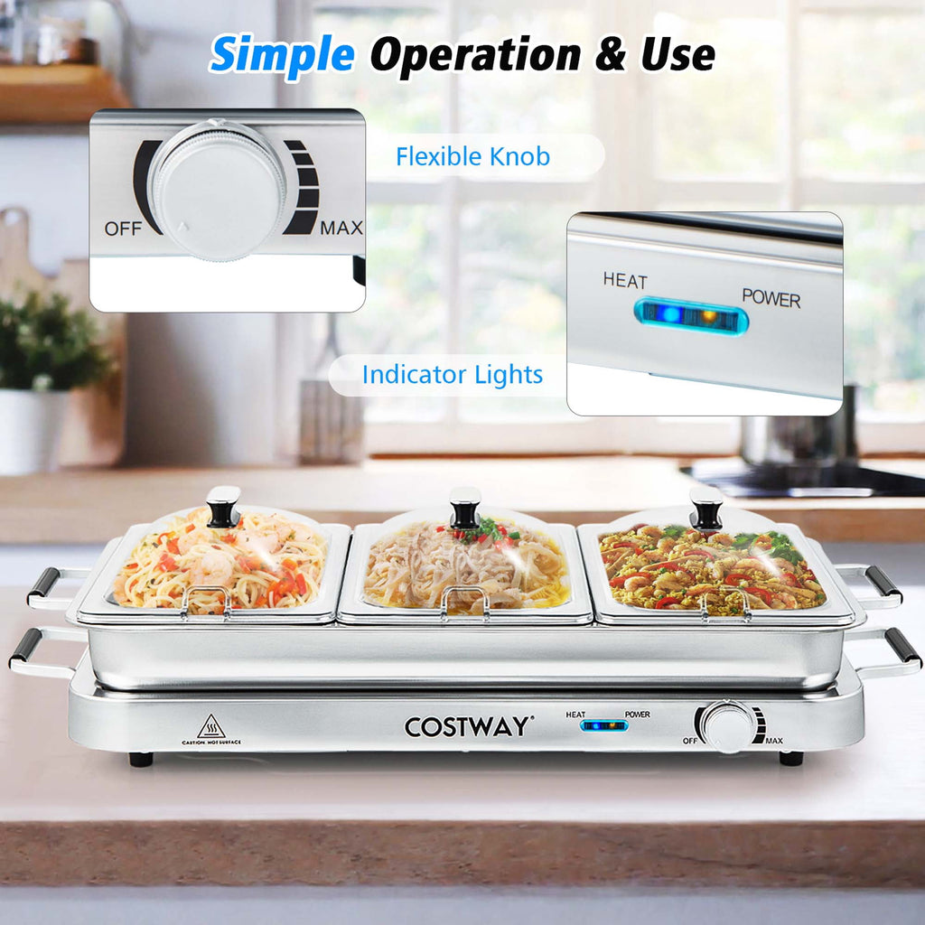 Costway Electric Buffet Server Food Warmer with 3 Removable Trays Adjustable Tempered