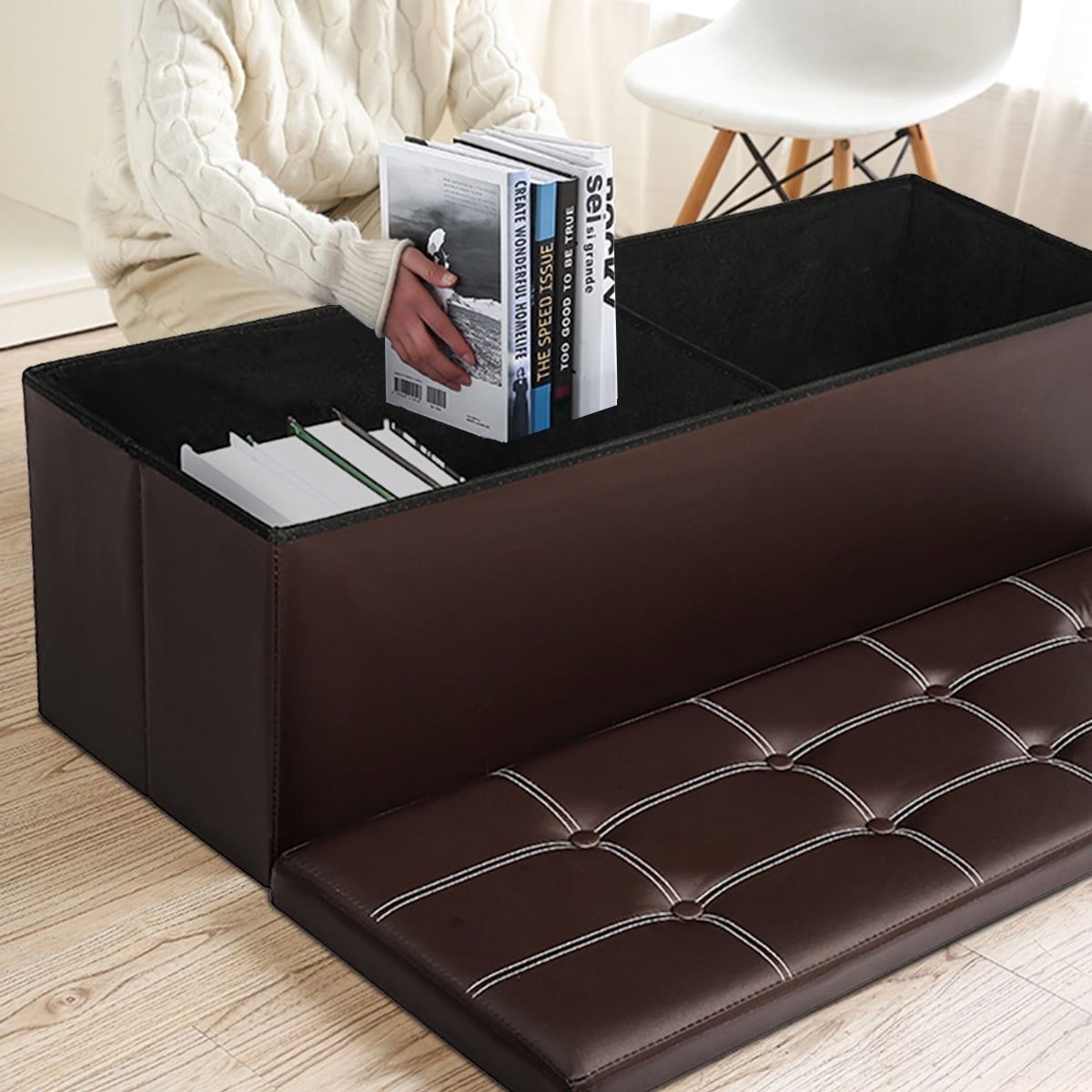 43" Ottoman with Storage Bench for Bedroom, Long End of Bed Seat with Storage Ottoman Bench, Large Folding Faux Leather Footrest Toy Chest for Living Room, Brown