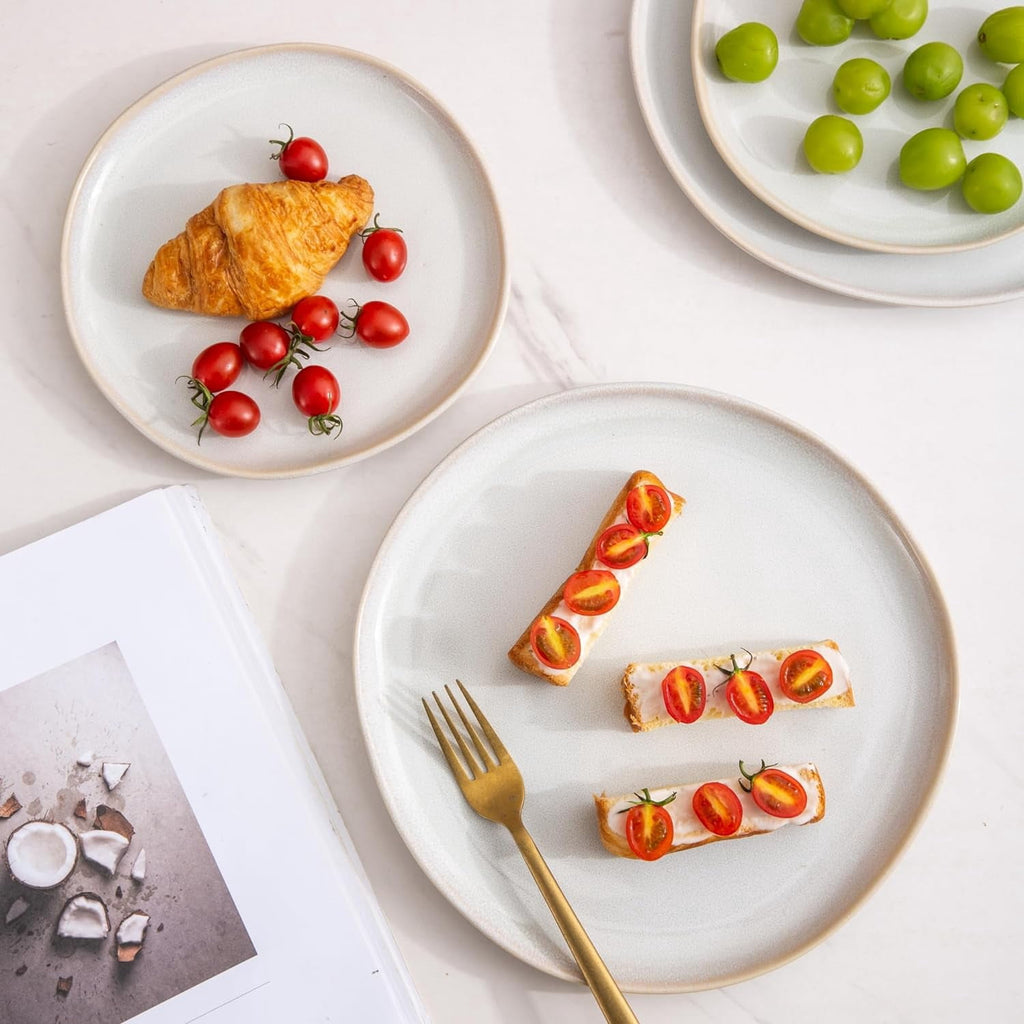 AmorArc Ceramic Plates Set of 6, 8.5 Inch Handmade Reactive Glaze Stoneware Plates set for Dessert, Salad, Appetizer, Dinner, Microwave & Dishwasher Safe, Scratch Resistant-Pearl White