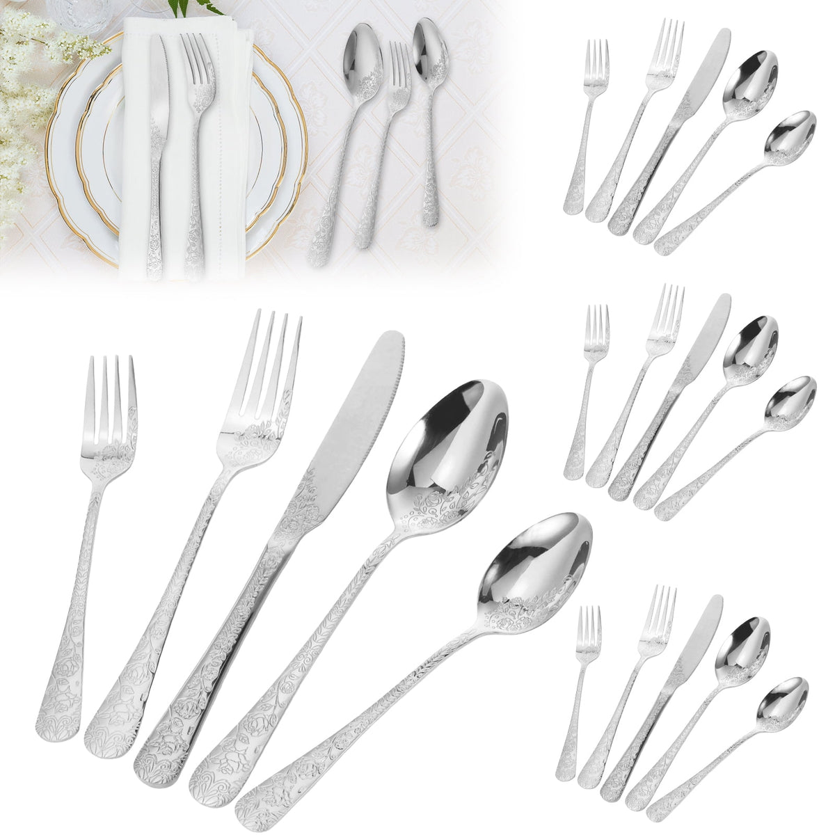 20 Pcs Floral Silverware Set Including Fork Spoon and Knife Stainless Steel Flatware Set Vintage Cutlery Set Mirror Polished Utensil Set for Kitchen Dishwasher Safe Service for 4