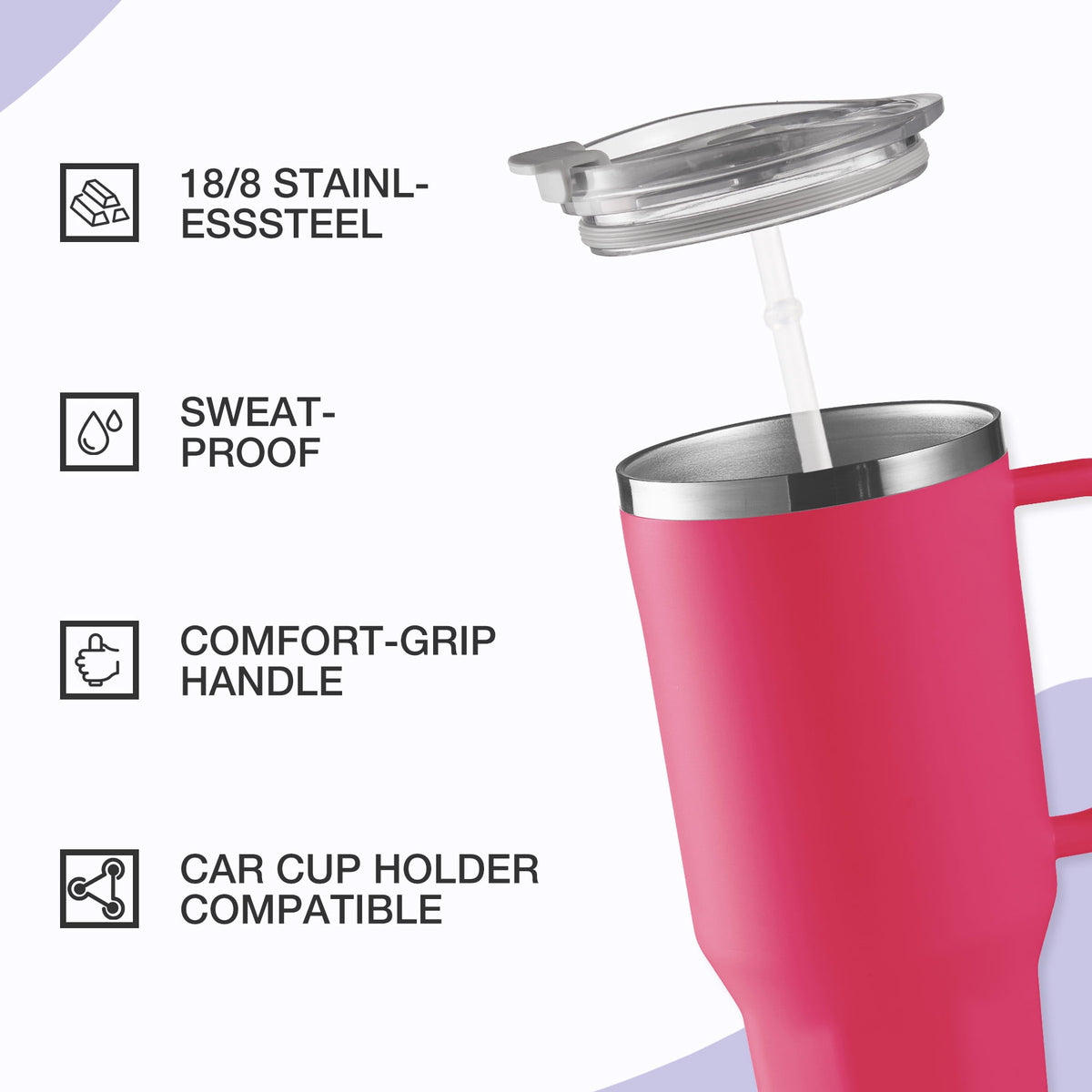 HONGBAKE 40 oz Tumbler with Handle and Straw Lid, Insulated Stainless Steel Tumbler, Travel Mug Fits Cup Holder, Dusty Lavender