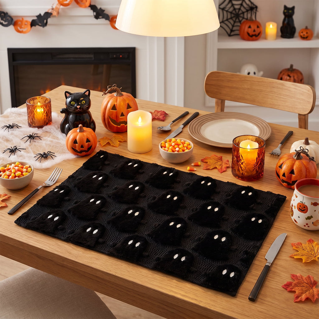 Sm:)e White Ghost Halloween Table Runner 13x72 Inch, Soft Plush Faux Fur Mantel Kitchen Dining Table Decor, Halloween Home Party Decor